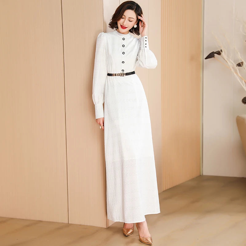 Women Buttons White Long Dress