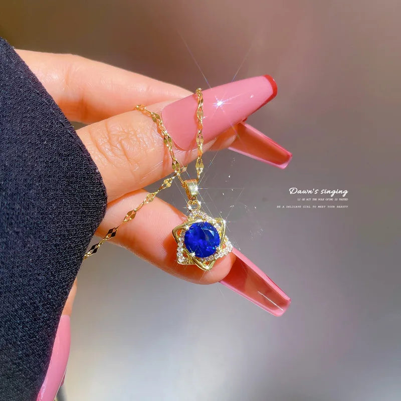 Blue Crystal Mogan David Star Pendant Necklaces