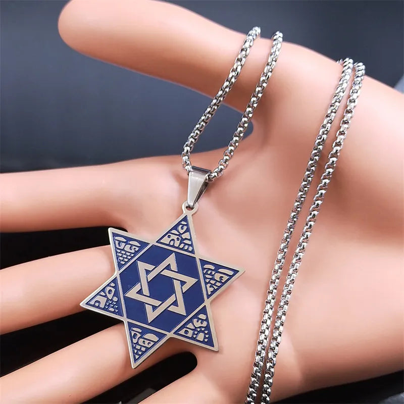 Hexagram Judaica Symbol Blue Color Pendant Necklace