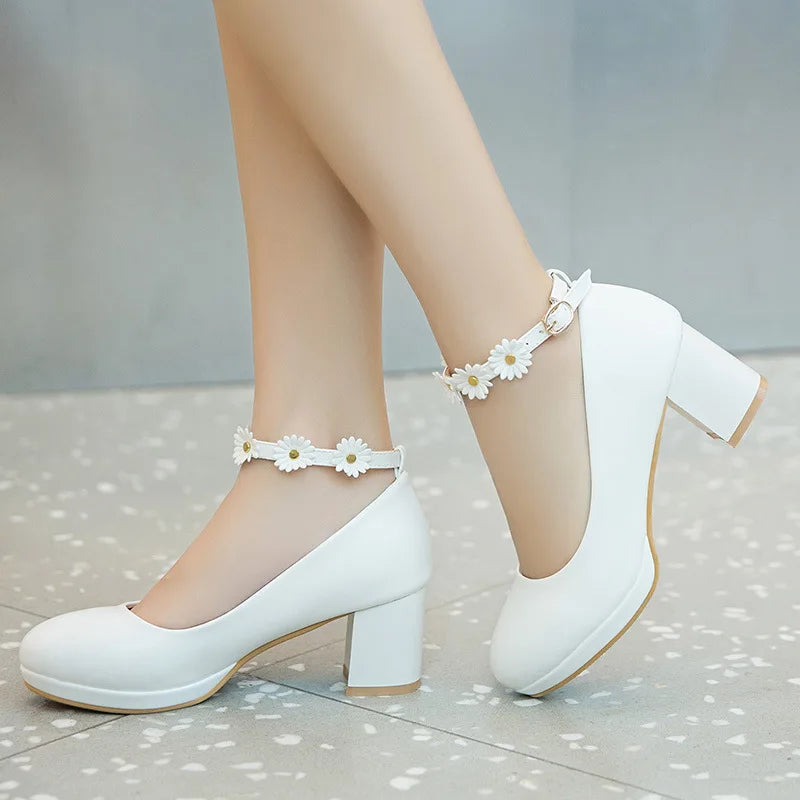 Flower Buckle Thick Heel High Heel