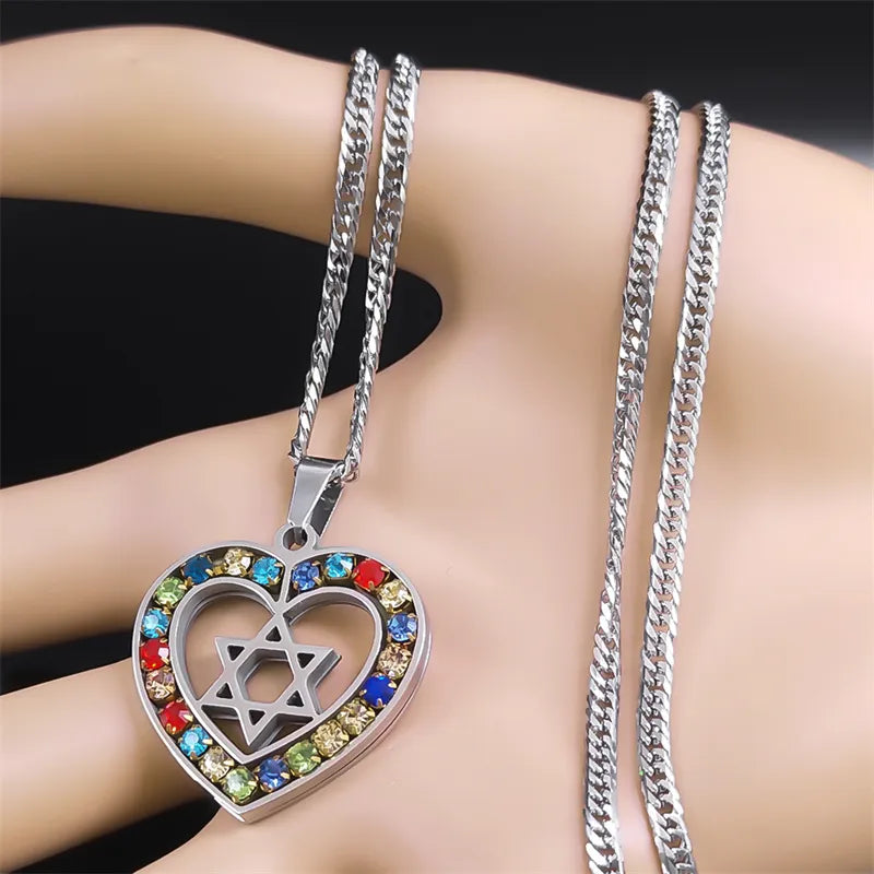 Stainless Steel Jewish Star Of David  Heart Shape Necklace