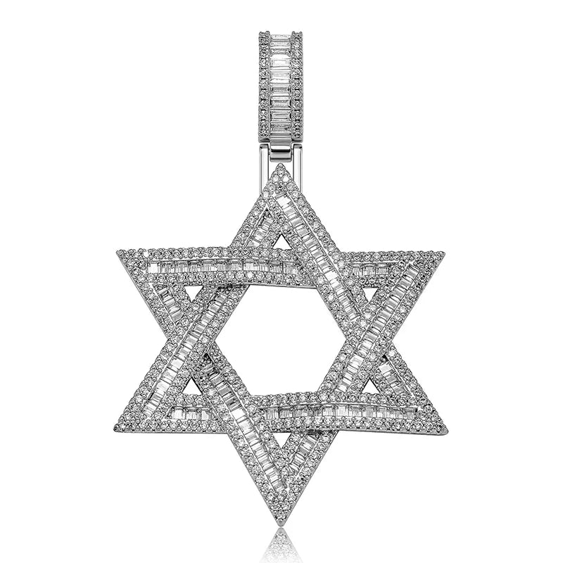 Stone Paved Bling Iced Out Jewish Star Of David Pendants Necklaces