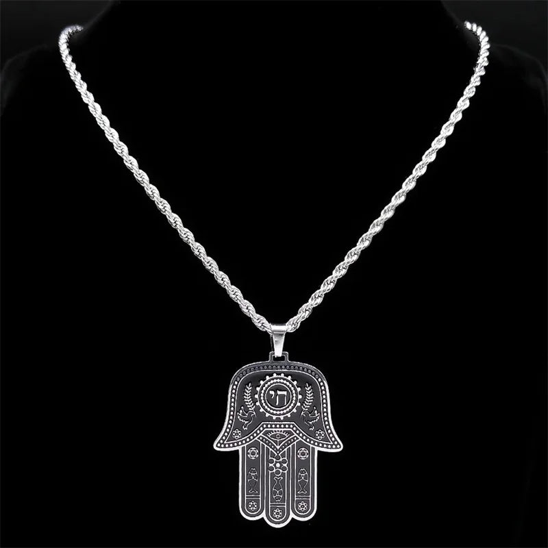 Hamsa Hand Chai Hebrew Letters Necklace